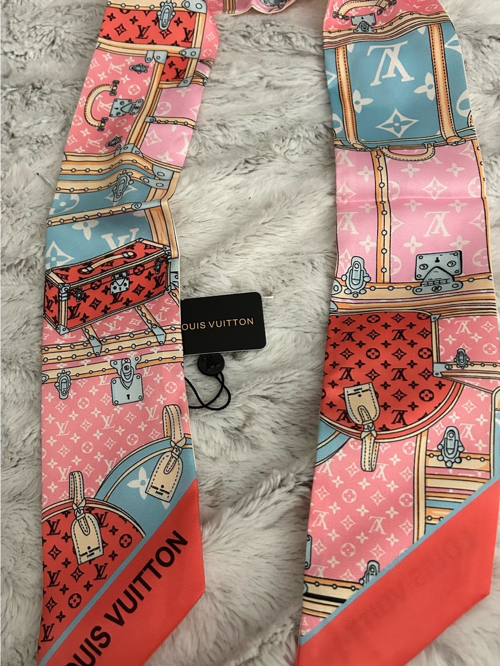 L Pink, Coral & Light Blue Printed Silk Twilly